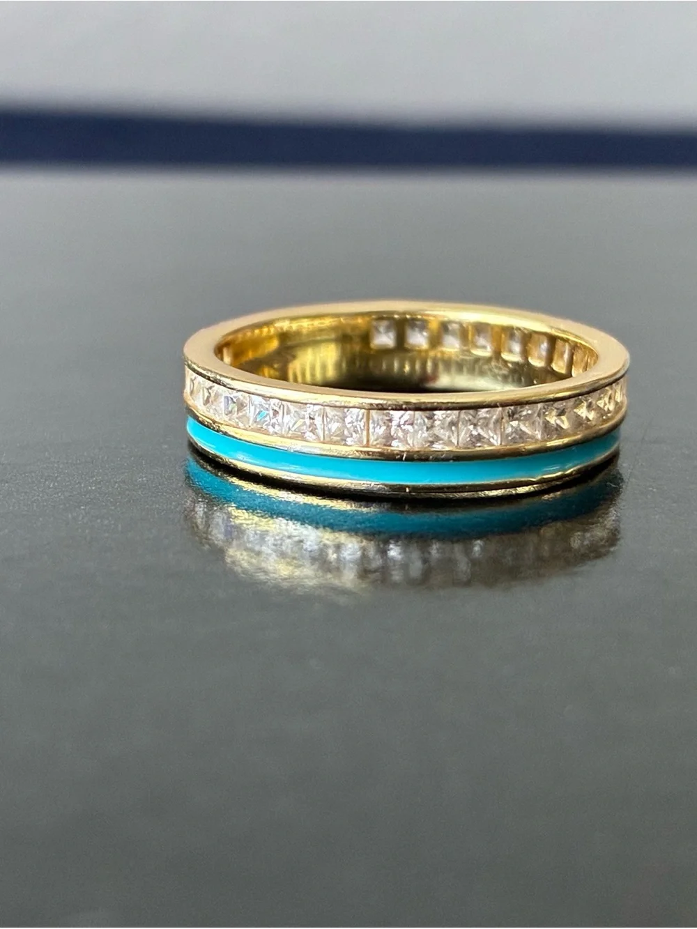 Sterling Silver 925 Stacking Ring/ Blue Enamel Gold Tone Sz 8.5